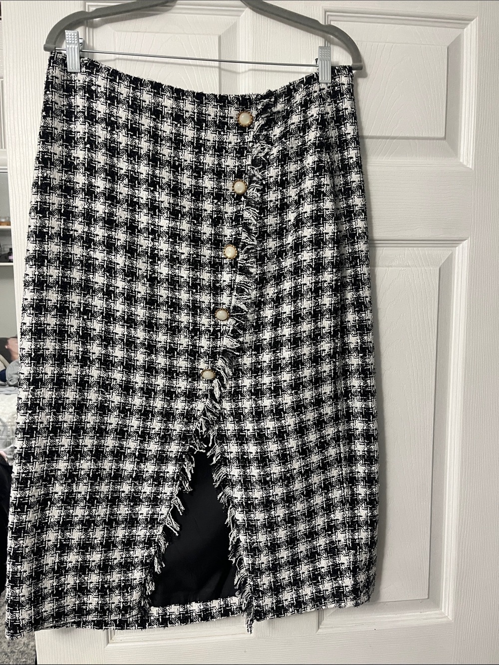 Byegreis Black & White Houndstooth Pencil Skirt with Gold Buttons, back zip.